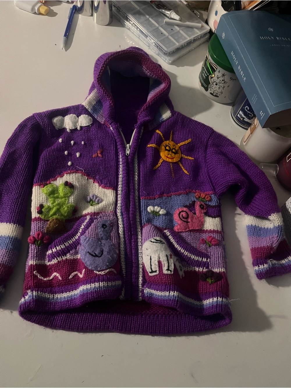 Purple Kids Hooded Animal Patch Knit Jacket